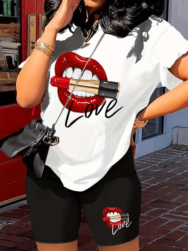 Summer Women's Casual And Fashionable Lip Print Letter Print Loose T-shirt+shorts Two-piece Sportswear Suitable For Daily Wear-95_ecoleips.com
