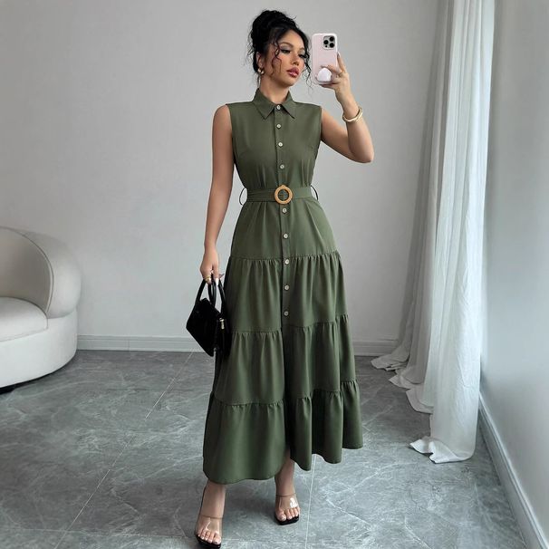 Voya Recommend! Women's Long Style Summer New Style Simple Shirt Collar Solid Color Long Style Waist Dress With Multiple Colors To Choose From_ecoleips.com