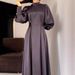 Women's Clothing Waist Solid Color Long Sleeve Slim Belt Retro Elegant Dress_ecoleips.com