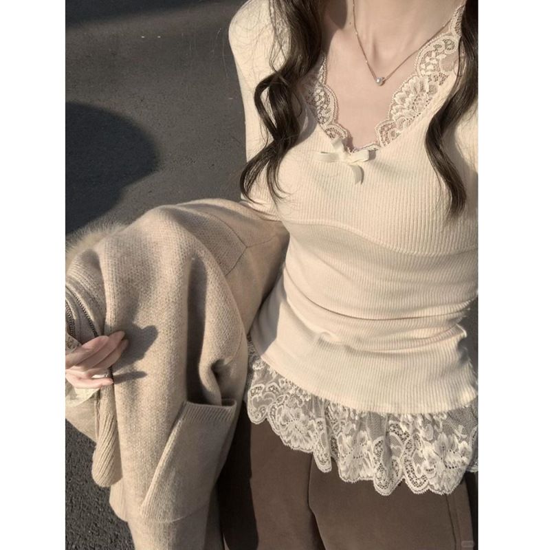 Korean-style Pure Alluring Lace V-neck Long-sleeve Base Shirt For Women, Autumn Design, Niche And Warm Inner Top_ecoleips.com