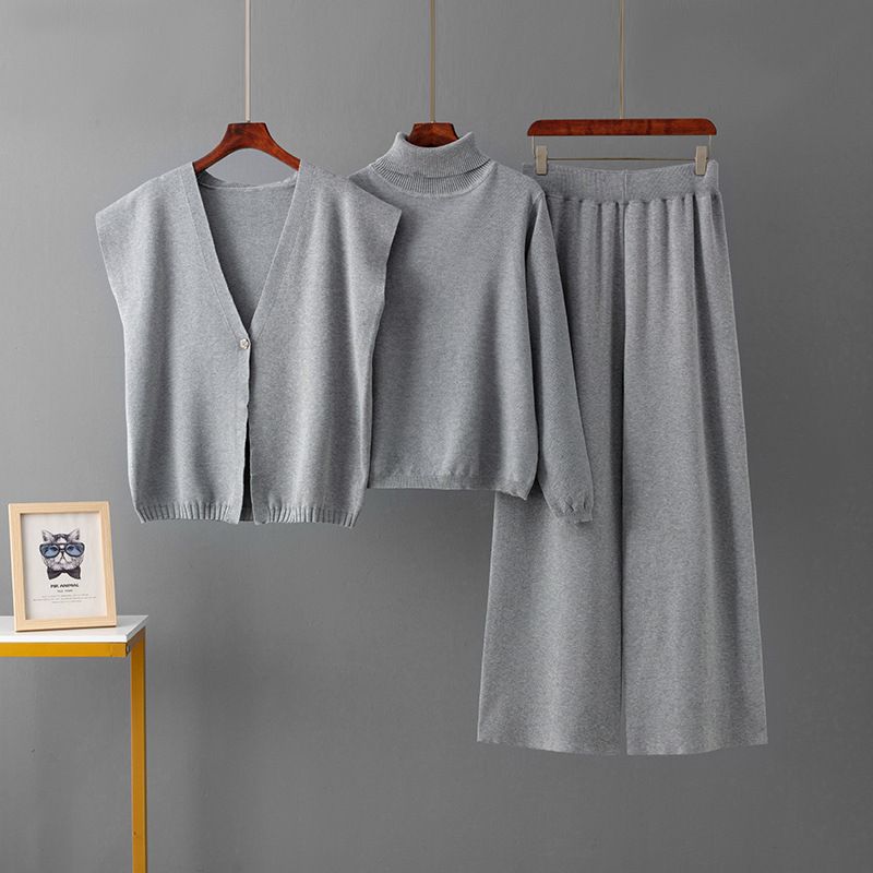 European And American Fashion Three Piece Set for Women Cardigan Vest Collared Stylish Sweater Loose Knitted Casual Sports Pants_ecoleips.com