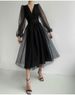 Elegant V-Net Long Sleeve Dress – Flowy Bubble Sleeve Mesh Gown With Waist Tie (4 Colors, Slim Fit, Versatile For Date Night & Cocktail Party, S-XL)_ecoleips.com