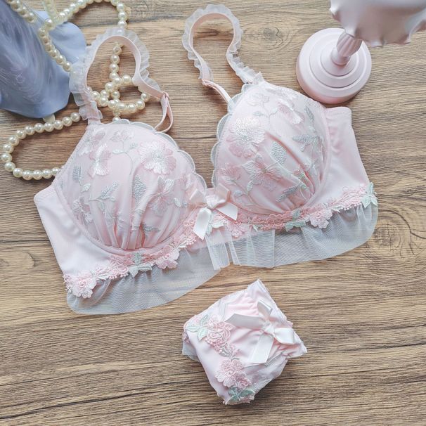 girl Long-term Japanese Style 3D Water-soluble Embroidery Cute Student Wireless Push-up Comfortable Bra Set MLLL_ecoleips.com