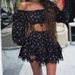 K Women's Sweet Lace Border Printed Lantern Sleeve Strapless Shirt Half Skirt Set_ecoleips.com