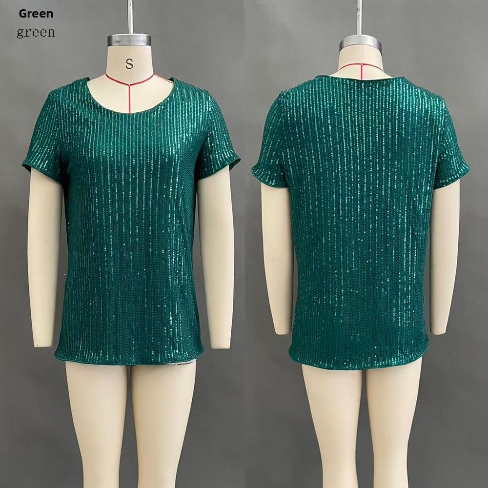 Women's Sequined Loose Round Neck Short Sleeve Top 14 Colors Relaxed Everyday Wear Comfortable Feshion_ecoleips.com