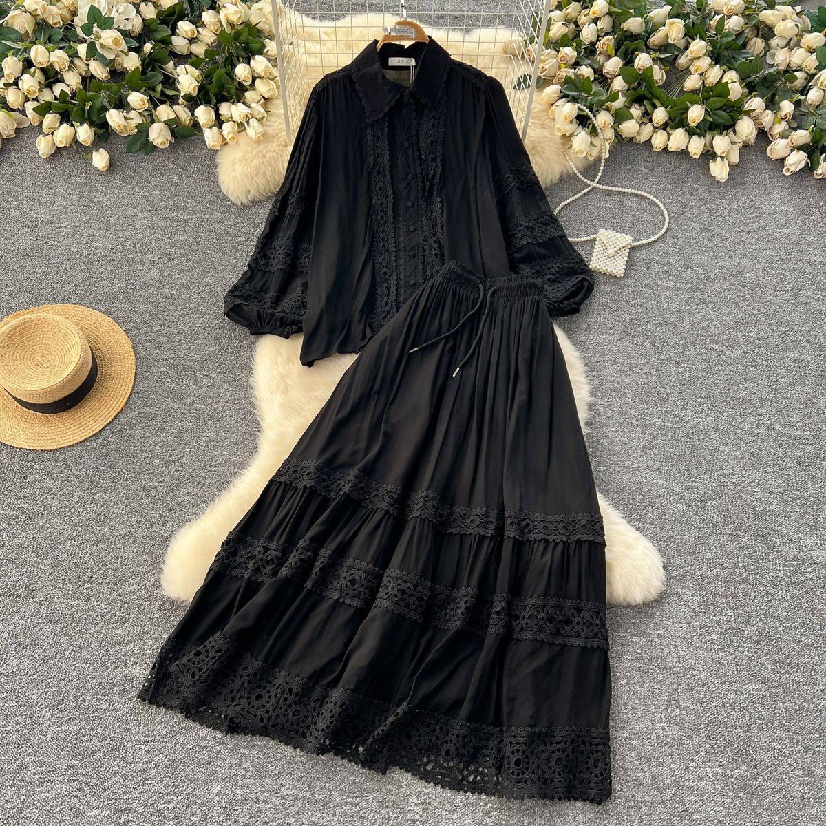 Women's Clothing Age Reducing Suit High Grade Hollow Lace Splicing Lantern Long Sleeved Shirt High Waisted Slim Fitting Skirt_ecoleips.com