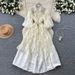 Women's Clothing French Retro Court Style Dress Beaded Lapel Lantern Sleeves Three Dimensional Floral Mesh Long Autumn_ecoleips.com