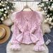 Elegant Lace Trimmed Peter Pan Collar Flared Sleeve Top French Style Single Breasted Slimming Long Sleeved Shirt For Women_ecoleips.com