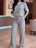 Women's Fashion Casual Color Block T-Shirt And Drawstring Elastic Waist Straight Leg Pants Two Piece Set European American Style_ecoleips.com