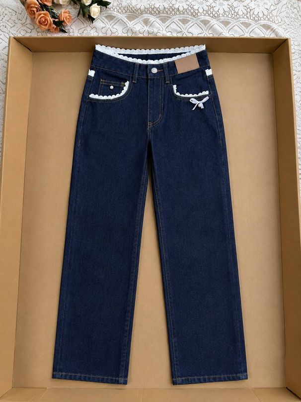Women's Clothing Retro Dark Blue Lace Jeans For Women Autumn Lace High Waist Straight Loose Trousers_ecoleips.com