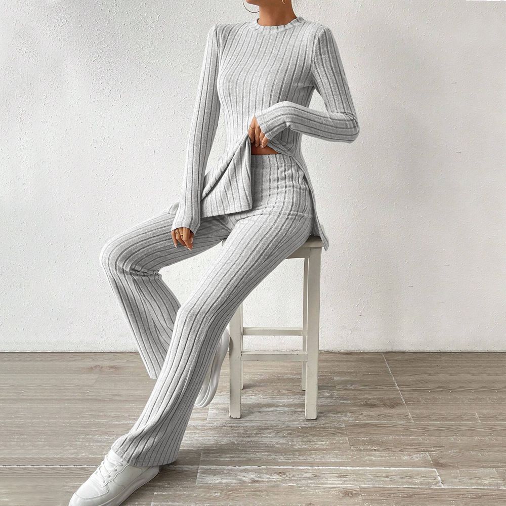Voya Women's Simple Lazy Style Fashion Set Autumn/Winter Home Solid Color Comfort Two Piece Set_ecoleips.com