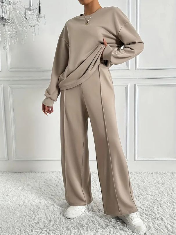 Women's Casual Long-Sleeve Top & Pants Set – Soft Cotton-Blend, Minimalist & Instagram-Worthy (Light Grey/Khaki/Black/More)_ecoleips.com