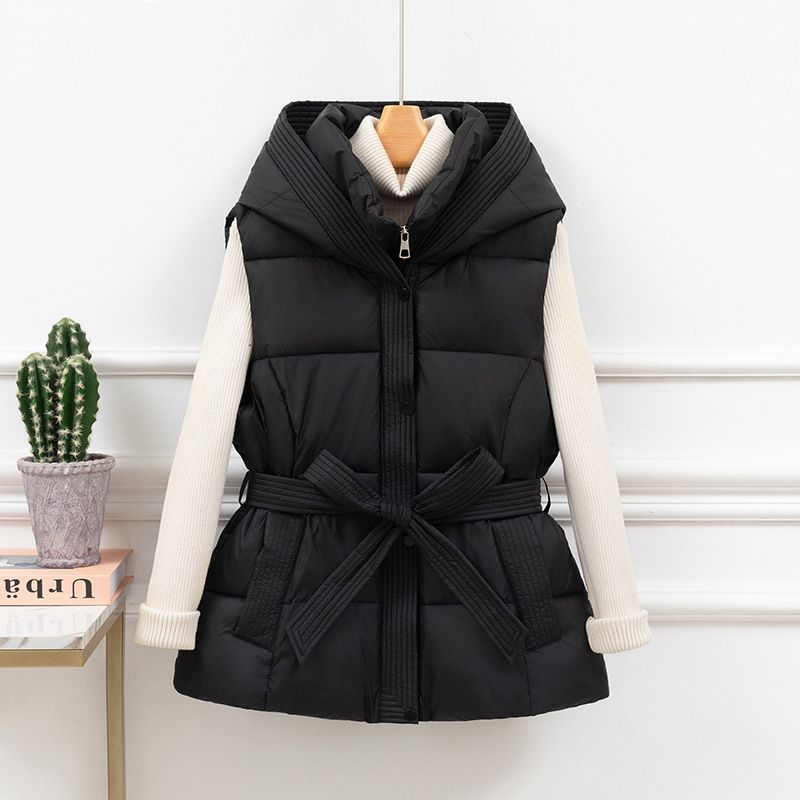 Women’s Short Quilted Vest – Hooded Winter Puffer Gilet With Belt & Slim Fit_ecoleips.com