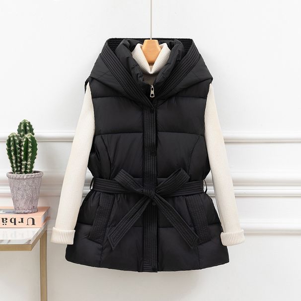 Women’s Short Quilted Vest – Hooded Winter Puffer Gilet With Belt & Slim Fit_ecoleips.com