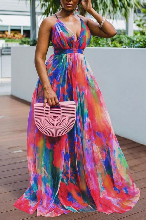 Women's Clothing Print Large Hem Mesh Dress Commuter Plus Size Women's Dress_ecoleips.com