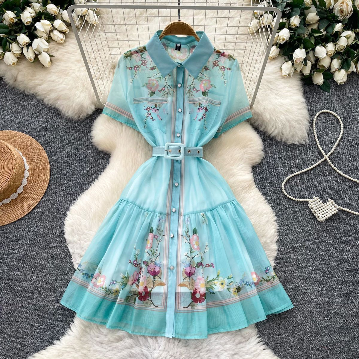 Summer Floral Print Dress for Women Korean Style Slim Fit Waist Defining Elegant A-Line Skirt Commuter Wear 2026 New Resort_ecoleips.com