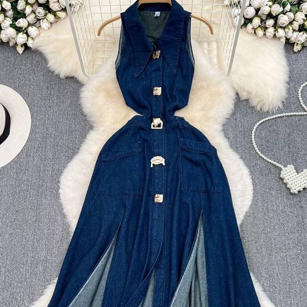 Women's Clothing New Retro Lapel Hollow Waist Revealing Sleeveless Single Breasted A Line Slit Denim Dress_ecoleips.com