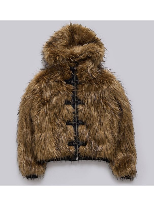 Trendy Faux Fur Coat With Metal Zipper & Hood, Oversized Streetwear Jacket For Women, Winter Fashion Outerwear (Black/Beige)_ecoleips.com