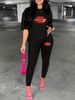 Women's Casual Fashion Red Lip And Zipper Pattern Printed Loose T-shirt+cropped Pants Two-piece Home Sportswear Daily Wear-395_ecoleips.com