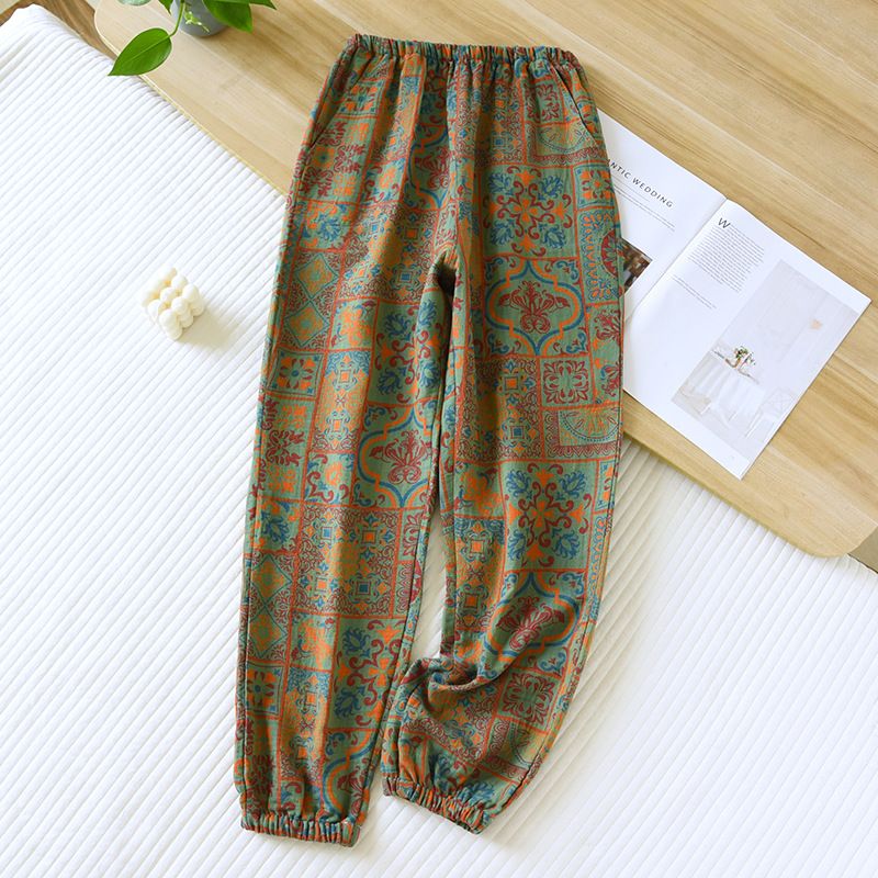 Spring Yarn-dyed Cotton Gauze Pajamas Pants Women's Retro Printed Home Pants Thin Loose Sleepwear Elastic Waist Sleep Bottoms_ecoleips.com