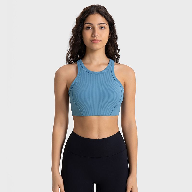 New Spring/Autumn Vertical Ribbed 2.0 High Neck Anti Exposure Sports Bra, High Strength Shock Absorption Fitness Yoga Bra_ecoleips.com