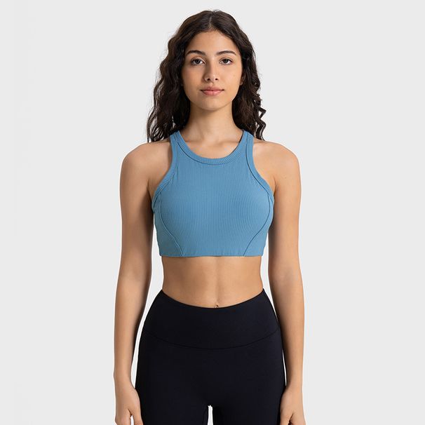 New Spring/Autumn Vertical Ribbed 2.0 High Neck Anti Exposure Sports Bra, High Strength Shock Absorption Fitness Yoga Bra_ecoleips.com