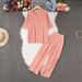 Women's Korean Style Solid Color Knitted Set V Neck Short Sleeve Loose Casual Sweater Top And Wide Leg Pants Two-Piece Clothing_ecoleips.com