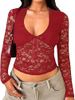Women's Long Sleeved Lace V Neck Mesh Cropped Shirt Sexy Cute Y2K Autumn Fashion Top For Women_ecoleips.com