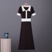 Women's French Retro Color Blocked Polo Collar Short Sleeve Knit Dress Summer Style Fitted Sweater_ecoleips.com