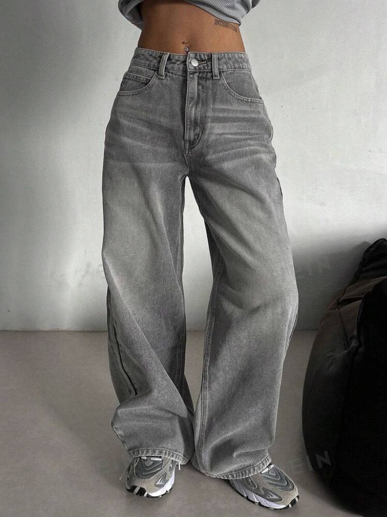 High Waist Cement Gray Jeans For Women – 90s Vintage Straight Leg Denim Pants (Retro High Street, Relaxed Fit, Cotton-Blend, S-XL, Narrow Hem)_ecoleips.com