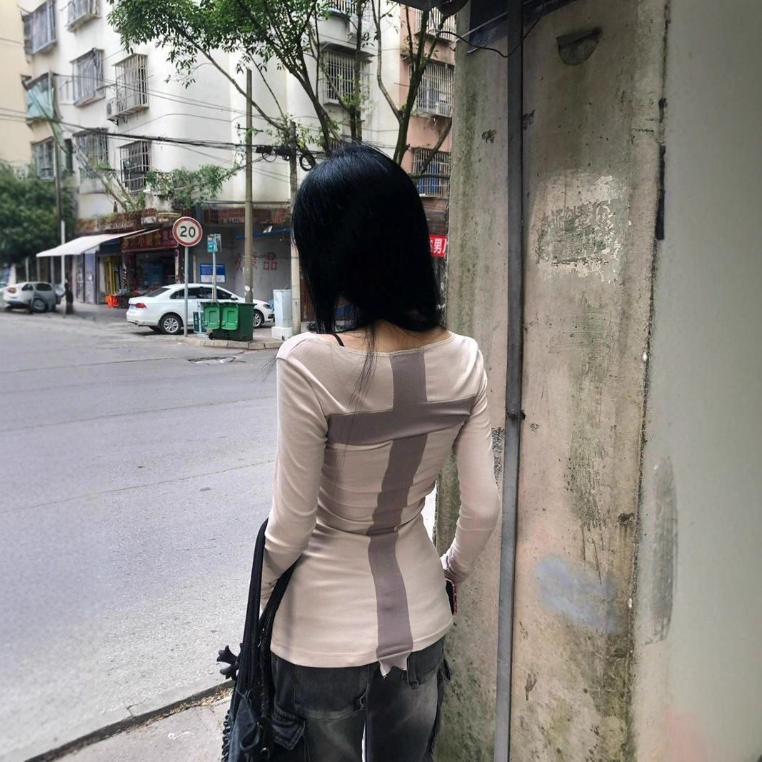 Women's Slim Fit Long Sleeve T-Shirt Patchwork Appliqué off Shoulder Base Shirt Khaki European American Style Summer New Arrival_ecoleips.com