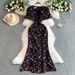 Women's Clothing High Grade Temperament Printed V Neck Puff Sleeve Dress Summer Slim And Elegant Fishtail Dress Long Skirt_ecoleips.com
