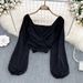 V-Neck Ruffle Detail Blouse With Puff Sleeves – Elegant Cropped Top For Women, Breathable Stretch Fabric, Perfect For Spring Layering_ecoleips.com