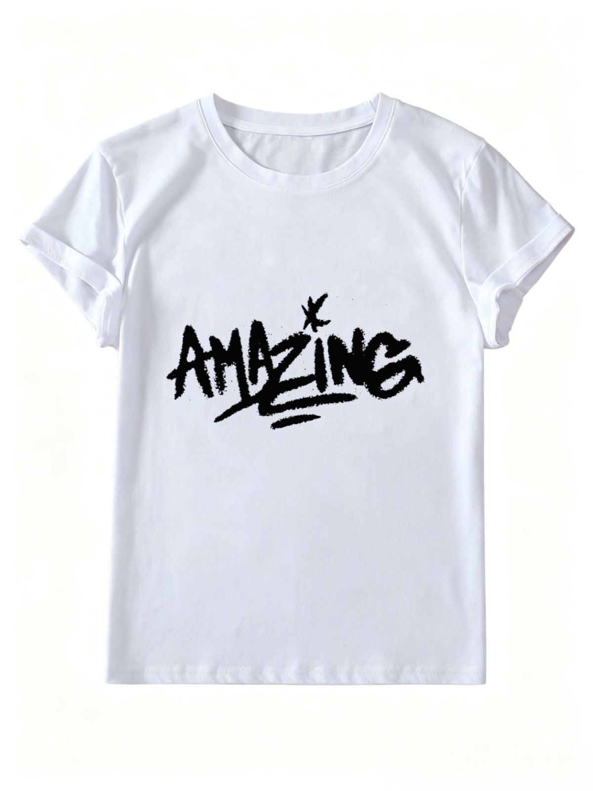 Women Graffiti AMAZING Letter Graphic T Shirt Round Neck Short Sleeve Loose Casual Streetwear Summer Tops_ecoleips.com