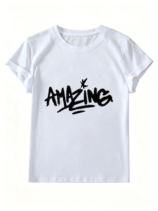 Women Graffiti AMAZING Letter Graphic T Shirt Round Neck Short Sleeve Loose Casual Streetwear Summer Tops_ecoleips.com