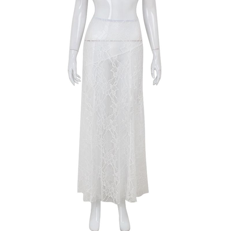 European And American Women's Fashion Lace See Through Sexy Low Waist Skirt Solid Color Summer All Match Skirt Long Skirt_ecoleips.com