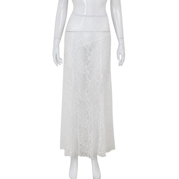 European And American Women's Fashion Lace See Through Sexy Low Waist Skirt Solid Color Summer All Match Skirt Long Skirt_ecoleips.com