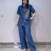 Women's Plus Size Denim Outfit Set – Rhinestone Embellished Crop Top & High-Waisted Wide Leg Pants (XL-2XL, Cotton Blend, Korean Street Style)_ecoleips.com