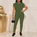 Women's Short Sleeve Round Neck Top With Pants Set - Summer Casual Two-Piece Outfit In Dark Green_ecoleips.com