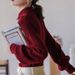 girl 「White Drawing」Wool Retro French Waffle Knit Puff Sleeve New Year Christmas Red Sweater_ecoleips.com