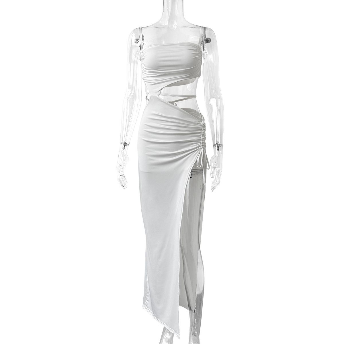 K Slanted Collar Camisole Women's Dress Sexy Lace Up Hollow Out Long Skirt Slit Dress_ecoleips.com