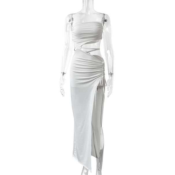 K Slanted Collar Camisole Women's Dress Sexy Lace Up Hollow Out Long Skirt Slit Dress_ecoleips.com