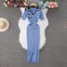 Women's Clothing Polo Collar Contrast Dress Short Sleeve Embroidered Long Dress Waist Slim Knitted Dress_ecoleips.com