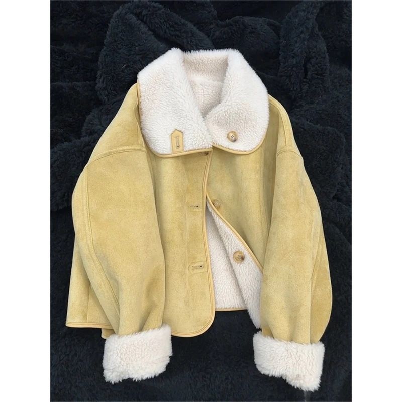 Women's Reversible Suede-Look Shearling Jacket – Winter Polo-Collar Coat With Double-Faced Warmth (Brown/Camel/Yellow, M-XL)_ecoleips.com