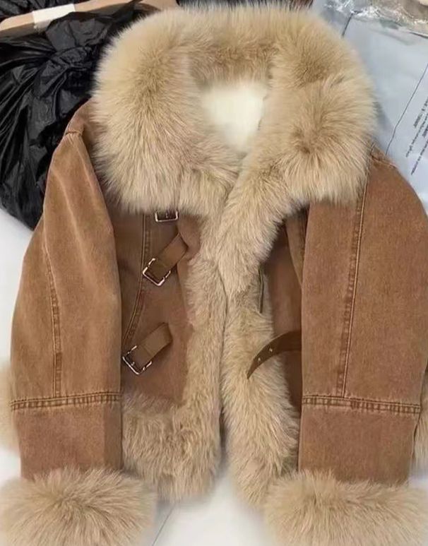 Women's Clothing Style Design Fur Collar Blue Denim Jacket For Women Velvet Thickened Down Cotton Warm Fur Plush Coat_ecoleips.com