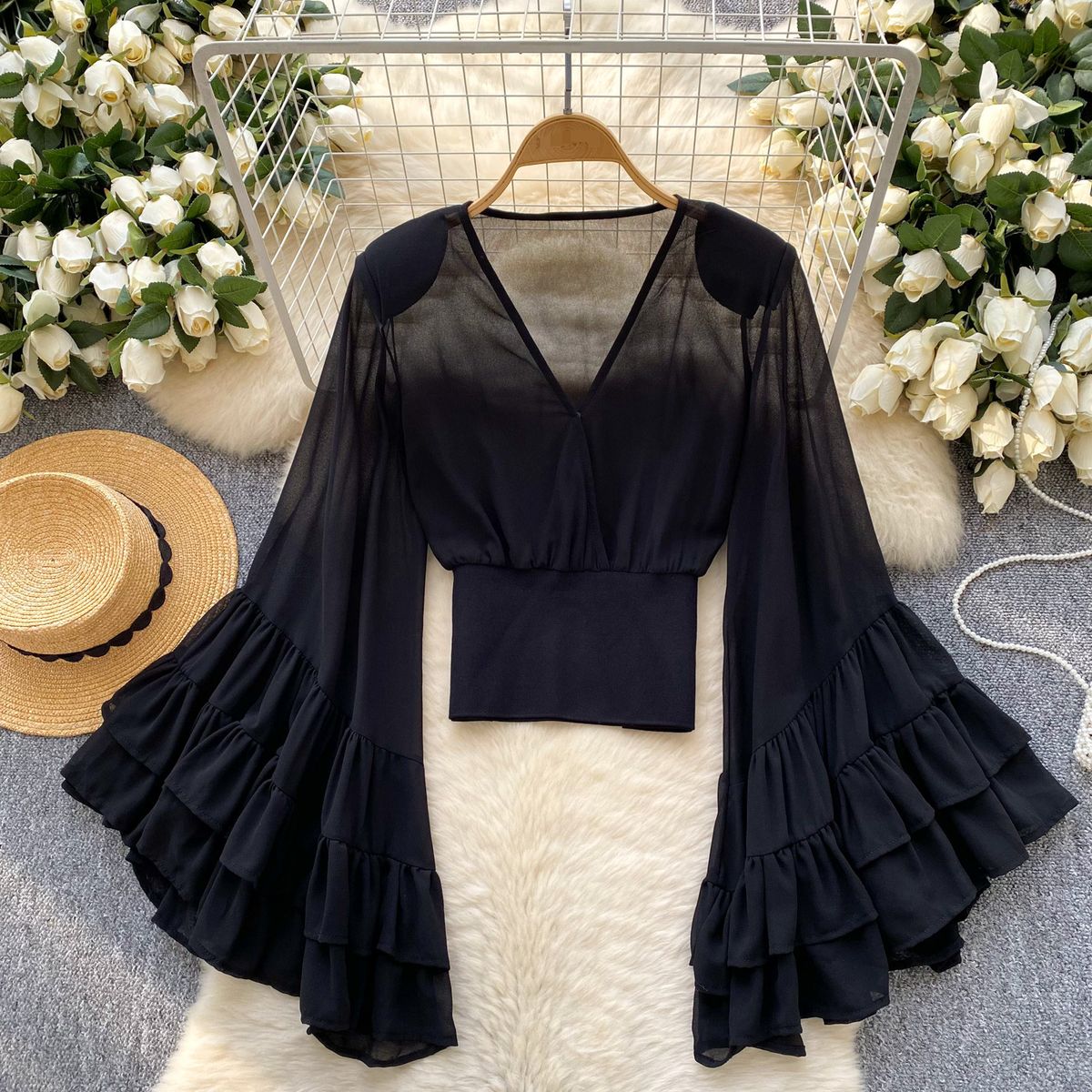Women's Clothing Niche Design V Neck Trumpet Sleeve Printed Waist Versatile Chic Light Luxury Shirt_ecoleips.com