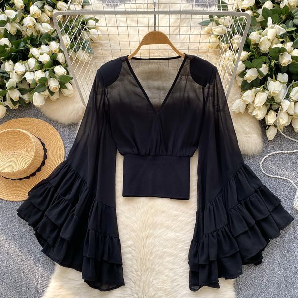 Women's Clothing Niche Design V Neck Trumpet Sleeve Printed Waist Versatile Chic Light Luxury Shirt_ecoleips.com