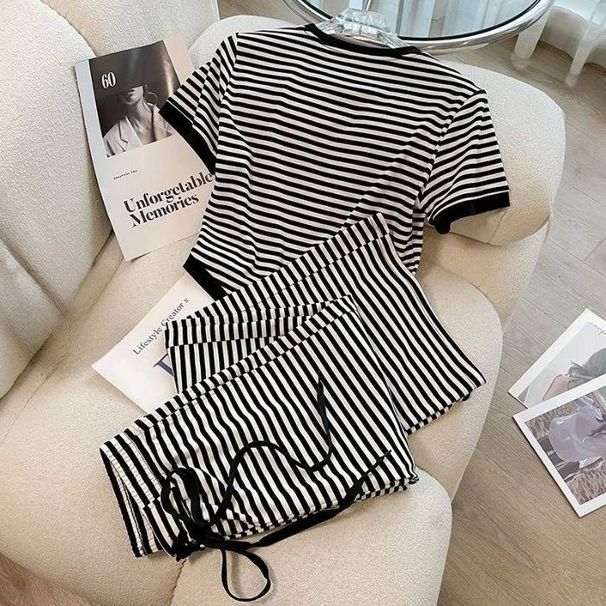 Women's Clothing Milk Silk Trousers Short Sleeves Short Set Versatile Striped Fashion Slim Suit Large Size Two Piece Suit_ecoleips.com