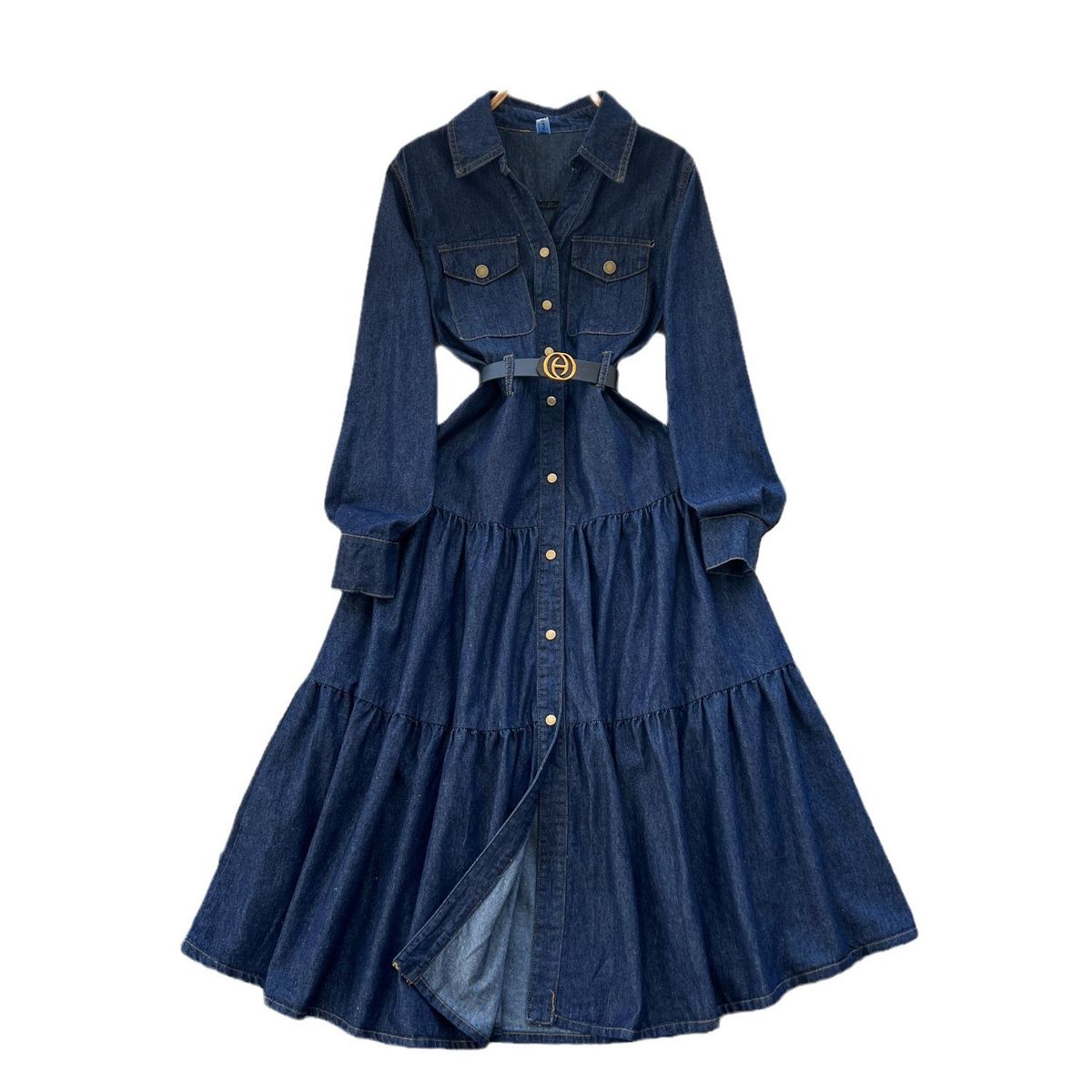 Spring Autumn 2027 High Quality Fashion European-USA Style Women High-End Elegant Lapel Single-Breasted Waist-Cinching Pocket Denim A-Line Dress_ecoleips.com