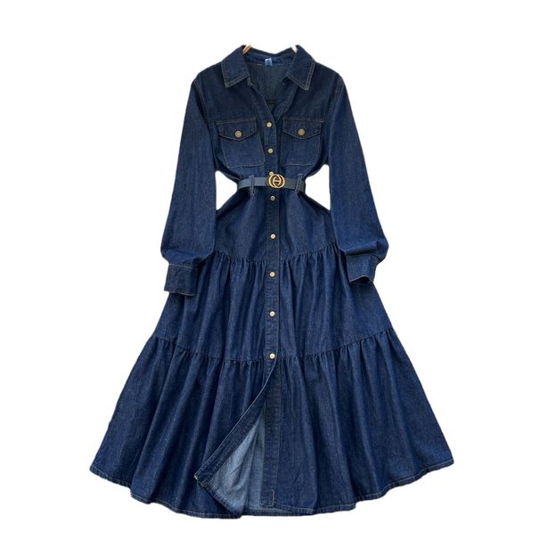 Spring Autumn 2027 High Quality Fashion European-USA Style Women High-End Elegant Lapel Single-Breasted Waist-Cinching Pocket Denim A-Line Dress_ecoleips.com